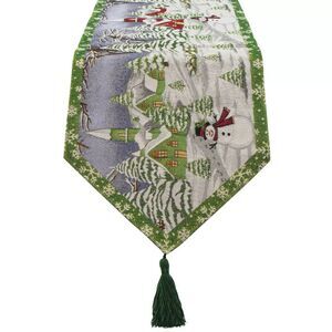 Glistening Wonderland Holiday Tapestry Table Runner with Tassels, 70 inch